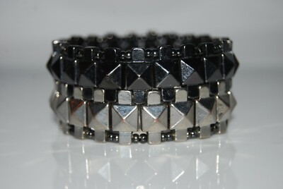 SILVER & GUN METAL TONED MODERNIST STYLE LINKS STRETCH STATEMENT CUFF BRACELET
