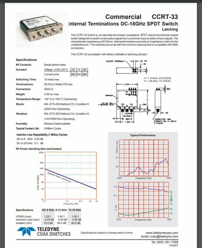 Teledyne Coax Switch CCRT-33S80-T Commercial Latching SPDT, DC-18GHz, 50 Ohms - Picture 4 of 6
