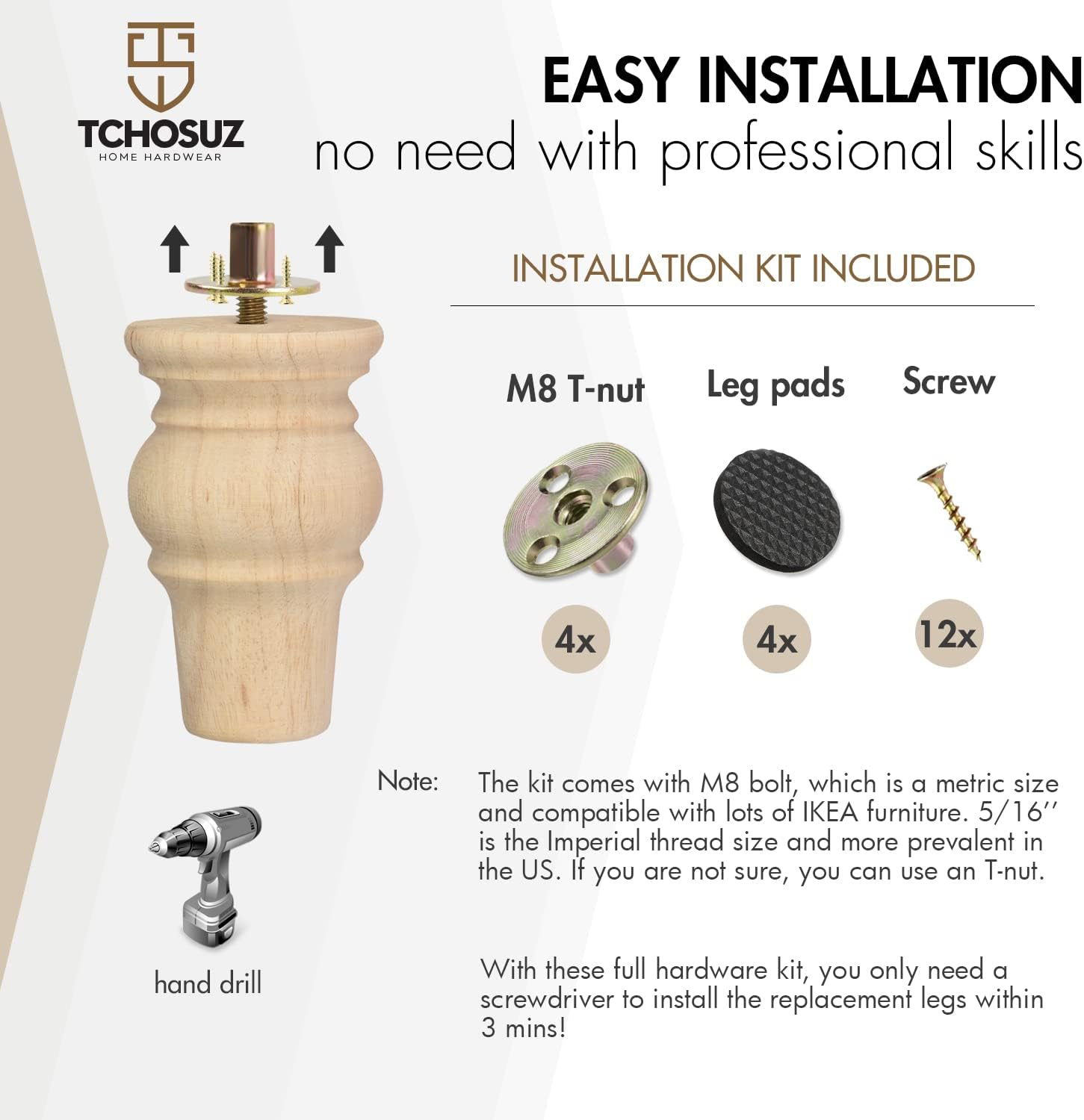 4 Inch Wooden Furniture Legs, Solid Unfinished Bun Feet with 5/16 inch