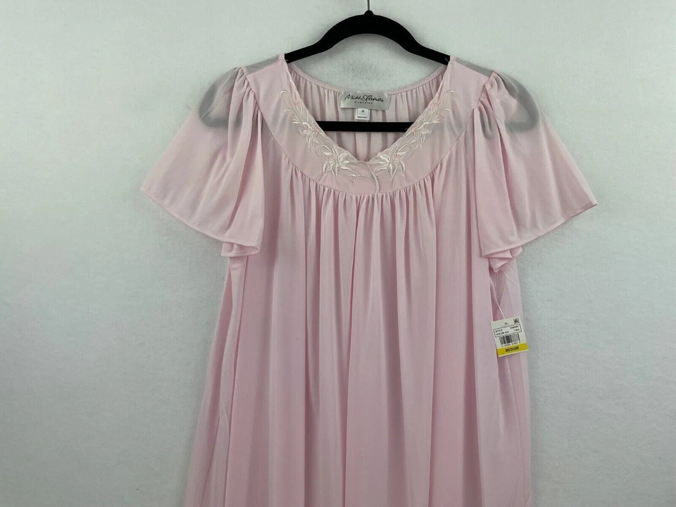 Camisón Miss Elaine mediano satinado rosa manga corta floral bordado nuevo con etiquetas A90 Foto 3 de 4