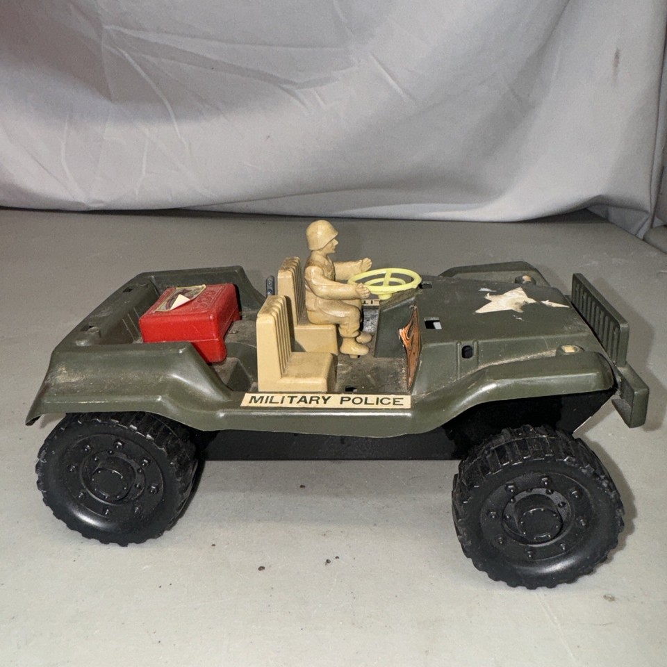 Vintage Tin And Plastic Toy Jeep Military Police 8.5” Long Wind Up