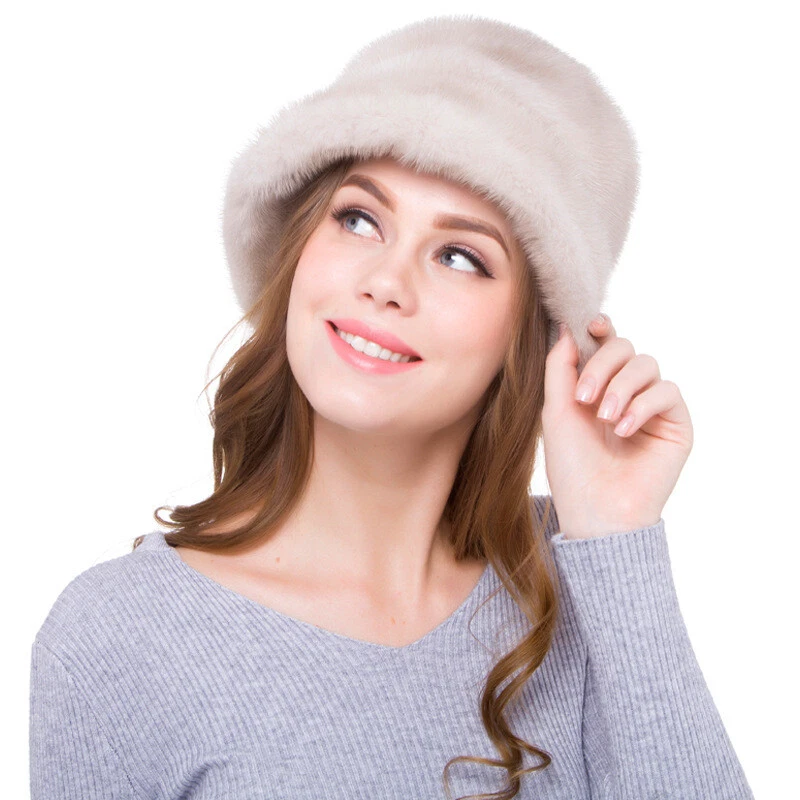 Sombrero de piel de visón de piel de visón genuino de piel de visón sombrero de invierno beige sombrero de cubo para mujer Foto 3 de 4
