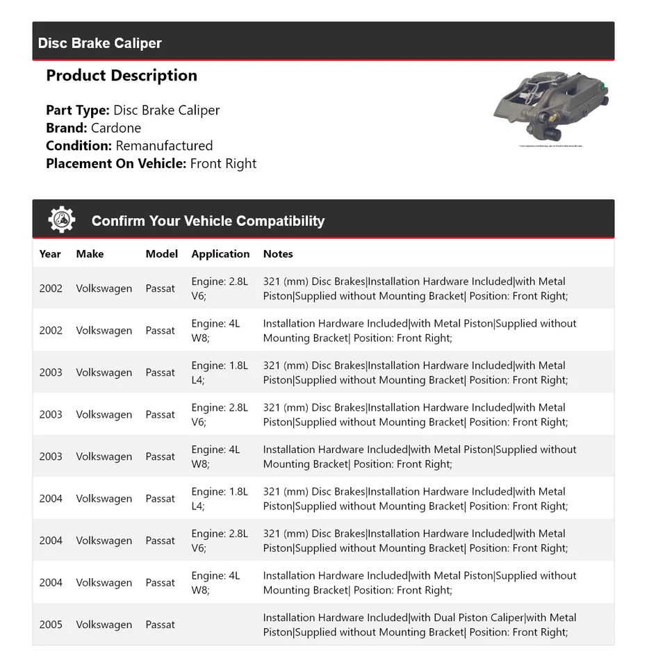 Pinza de freno de disco delantera derecha cardone 2003 2004 para Volkswagen Passat 2002-2005 Foto 2 de 4