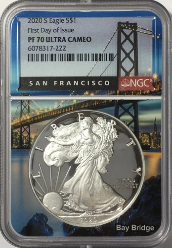 2020-S PROOF SILVER EAGLE PF70 ULTRA-CAMEO FDOI! NGC - SAN FRANCISCO CORE LABEL!