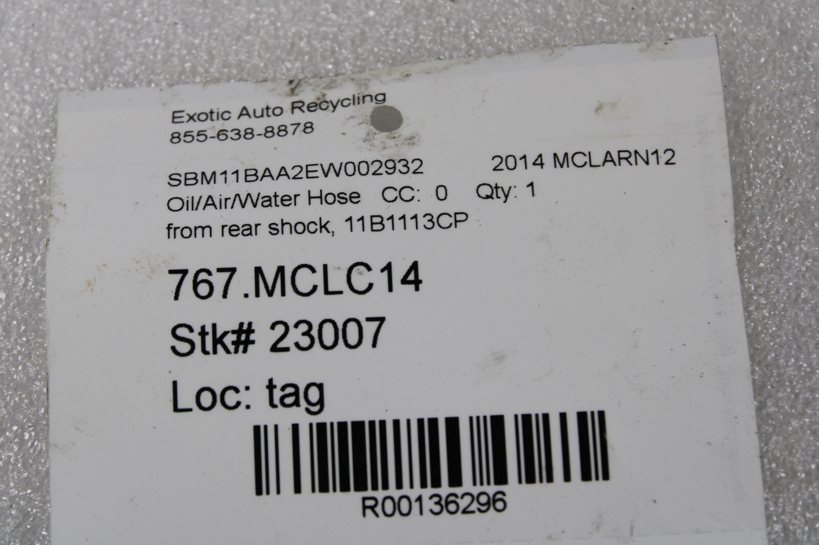 Mclaren MP4-12C, Rear Shock Hose, Used, P/N 11B1113CP