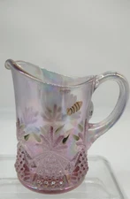Fenton Pink Iridized Glass Buttons & Arches Sm Pitcher with Frit Flower  Signed
