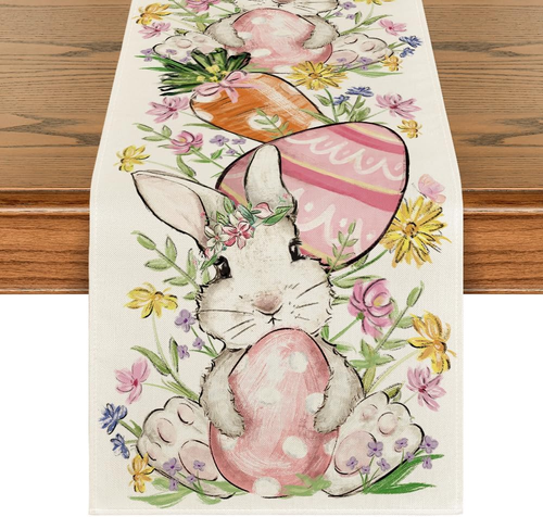 Bunny Rabbit Egg Flower Easter Table Runner, Seasonal Spring Kitchen Dining Tabl