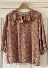 JW Anderson Uniqlo Women’s Orange Blue Paisley Ruffle Blouse Shirt L UK 14 EU 42