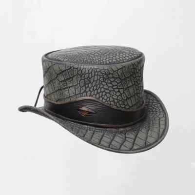 Steampunk Lizard-Textured Leather Top Hat   Eye Accent & Wavy Band