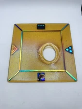 Abstract Transparent Amber Fused Glass Decor With Dichroic Inset Designs 12”x12”