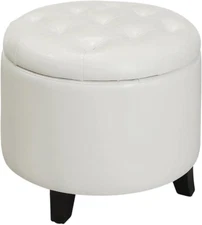 Round Storage Ottoman, Versatile and Contemporary Foot Stool Ivory Faux Leather