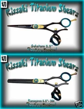 Kissaki Hair Scissors 5.5" & 30 tooth Black Blue Double Swivel Hair Shears Combo