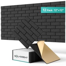 Soundproof Wall Panels Self-Adhesive, Brick-12 Pack 12" x 12" x 0.4" Black