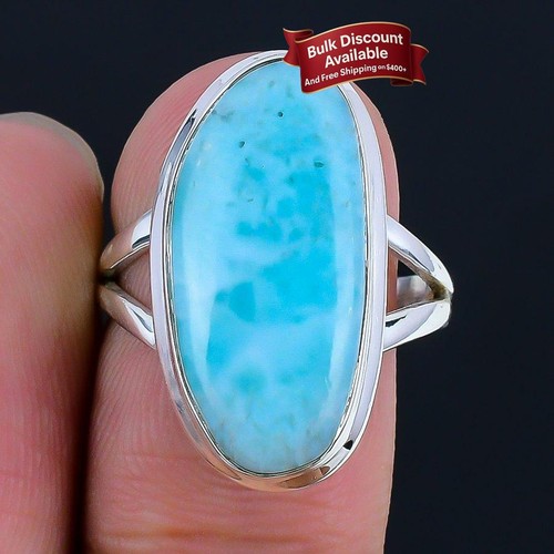 Larimar Stone Solid Sterling Silver New Statement Anniversary Bezel Ring Size 8 - 第 1/7 張圖片