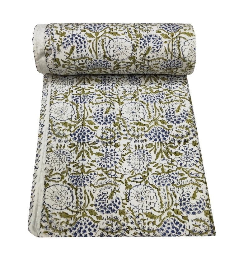 Colcha Kantha de algodón hecha a mano india con estampado de bloques de todos los tamaños