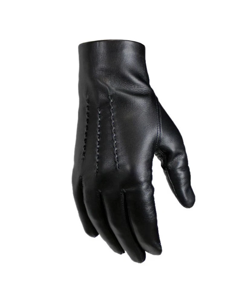 Mens leather gloves without lining - classic gloves with popper wrist fastener,
