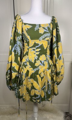 Farm Rio Green Yellow Tropical Leaf Linen Blend Mini Dress Size S NWT