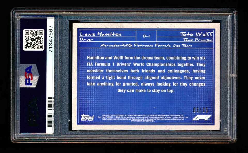 2021 Topps F1 Debrief #D1 Lewis Hamilton/Toto Wolff Orange Parallel #3/25 PSA 10 - Image 2 of 2