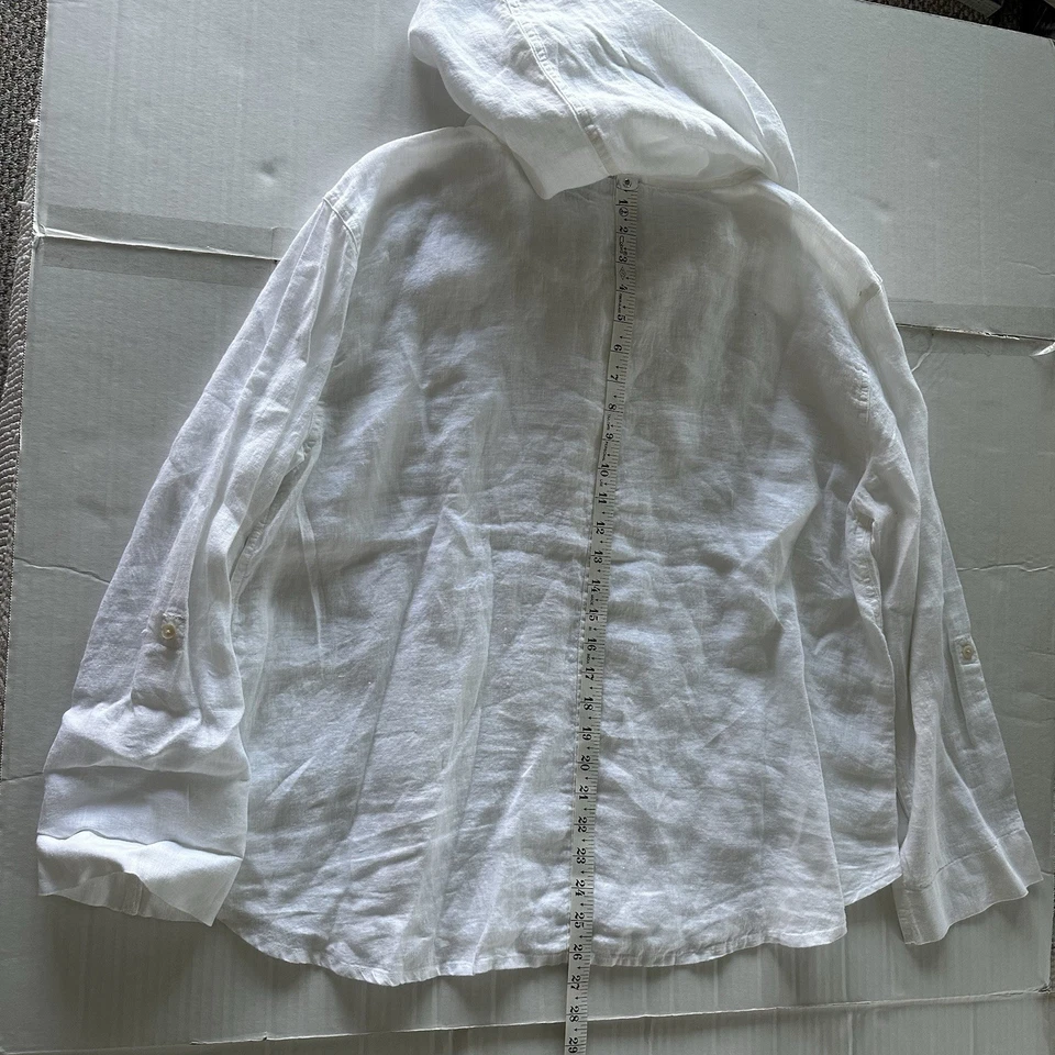 Moletom com capuz feminino Tahari XL 100% linho branco manga aba rolo bolso canguru - Imagem 3 de 4