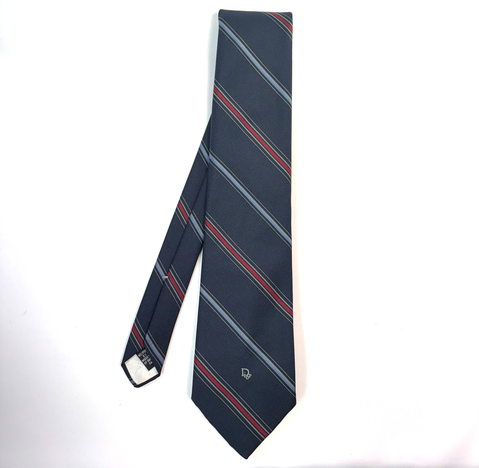 Vintage Christian Dior Monsieur Navy Blue Red Striped Silk Blend Tie Made in USA