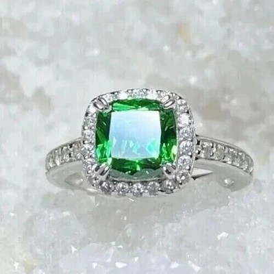 2.1Ct Cushion Cut Cut Lab-Created Emerald Halo Ring 14K White Gold Plated Silver