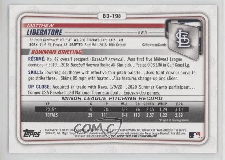 2020 Bowman Draft 1st Edition Gold Foil /50 Matthew Liberatore #BD-198 - Image 2 of 2