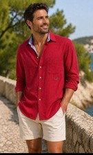 Tommy Hilfiger Shirt Mens XL Red Stripe Crest Logo Pocket Long Sleeve Button