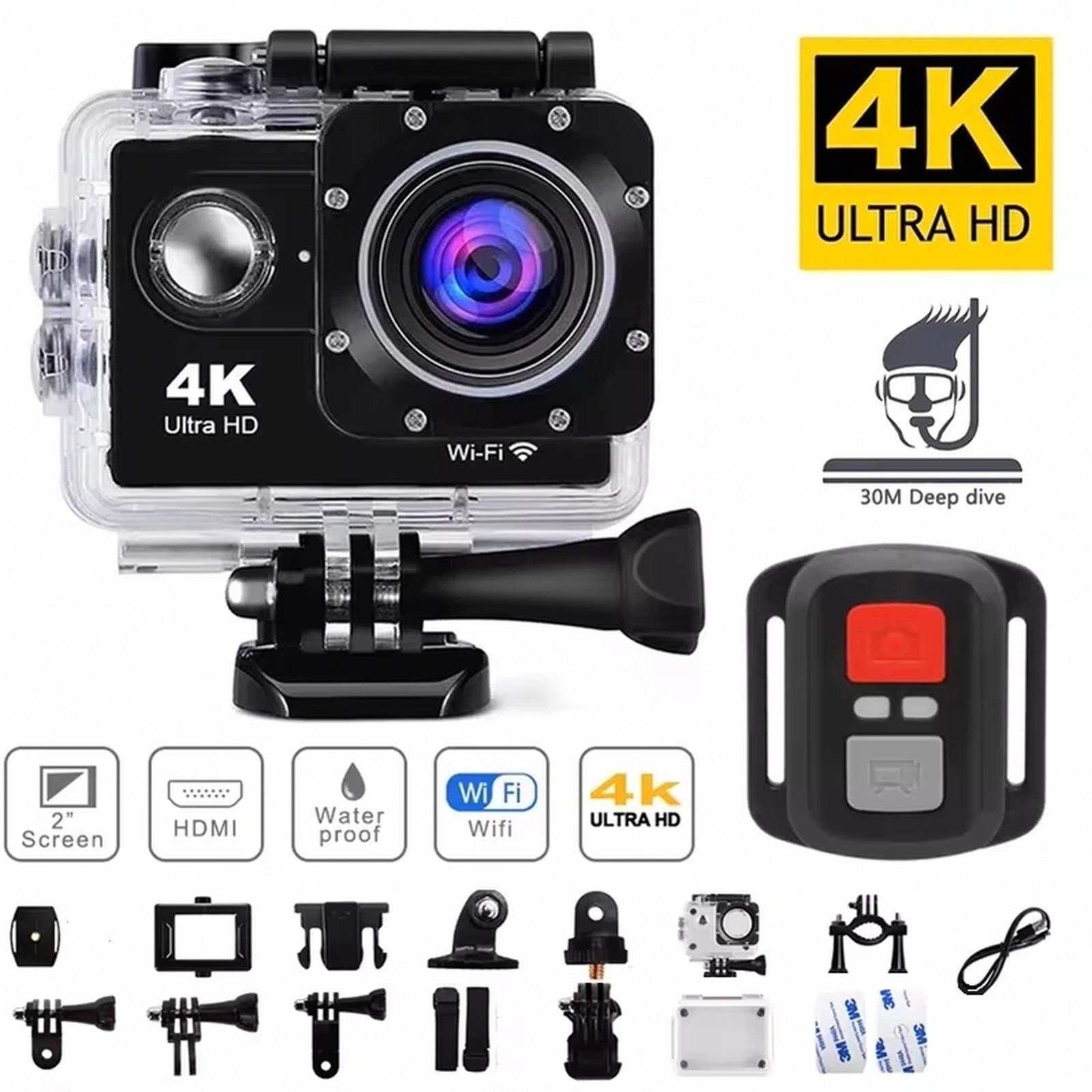 4KActionCamerawithWi-Fi,2.0-inchDisplay,Waterproofto1181.1in