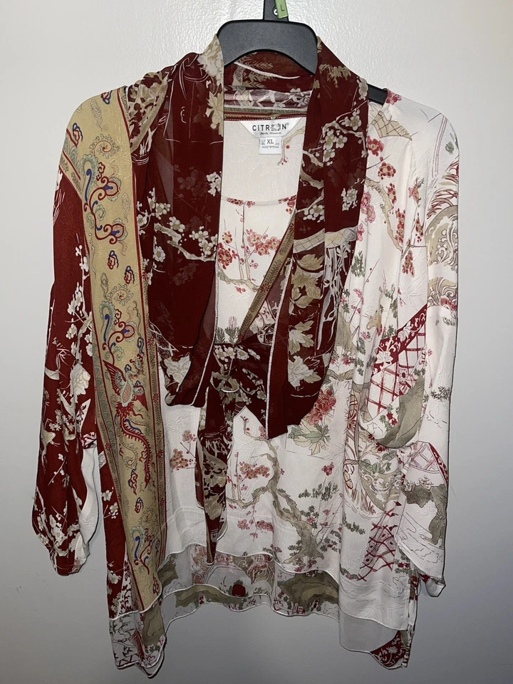 Túnica Citron Santa Monica 100% seda inspiração asiática quimono em camadas tamanho GG - Imagem 3 de 4