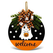Halloween Decoration Wooden Ghost Wreath for Front Door Sign