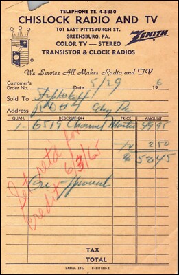 Chislock Radio TV Zenith 101 E Pittsburgh St Greensburg Billhead Invoice Receipt