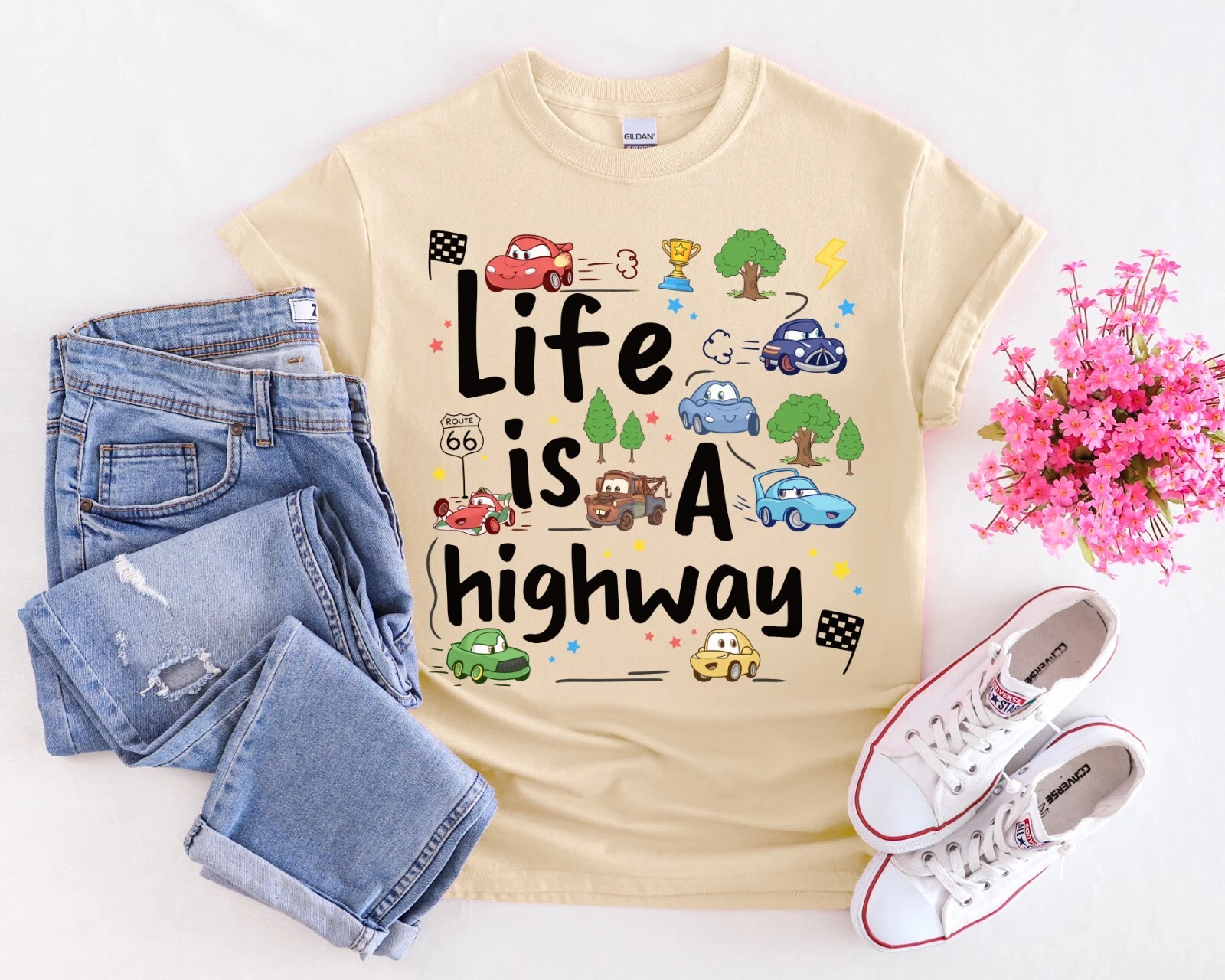 ALEXANDER MCQUEEN T shirt Disney Pixar Cars McQueen Matter Life is a Highway unisex adulto bambino 82148