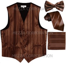 New Men's Tuxedo Vest Stripes Necktie, Bowtie  Hankie set formal wedding Brown