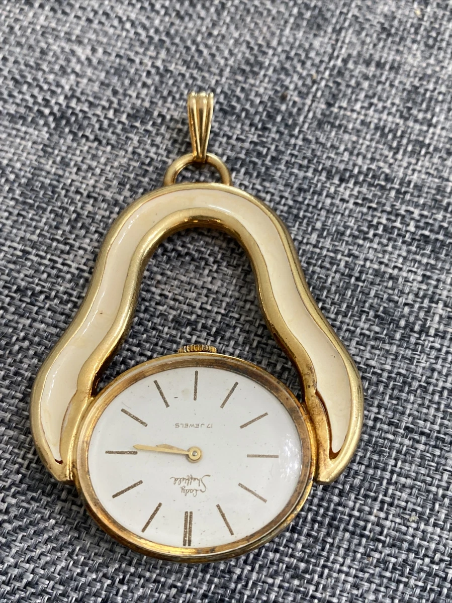 Vintage Sheffield Ladies Gold Tone Cream Enamel Pendant Watch Necklace  Works