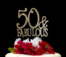 Gold Tone "50  Fabulous" Birthday Party Rhinestone Cake Topper Size 5 In. X 5 I