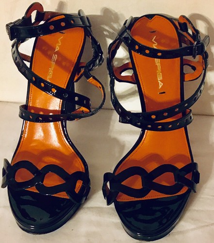 Via Spiga Pacifica Black Patent Leather Cut Out Straps High Heel Sandals 7M/38 - Picture 2 of 11