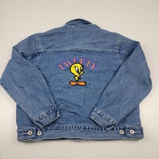 VTG Y2K Looney Tunes Warner Bros Tweety Bird Denim Jean Jacket Large Button Up