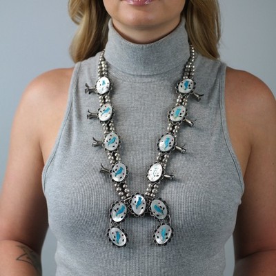 SW Sterling Silver Inlay Blue Jay Squash Blossom Necklace 29''