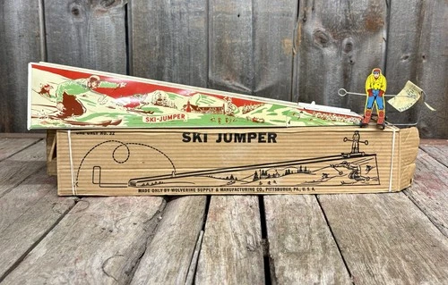 Vintage 40s/50s Litho Tin Wolverine Ski Jumper Action Toy Set In Box WORKS