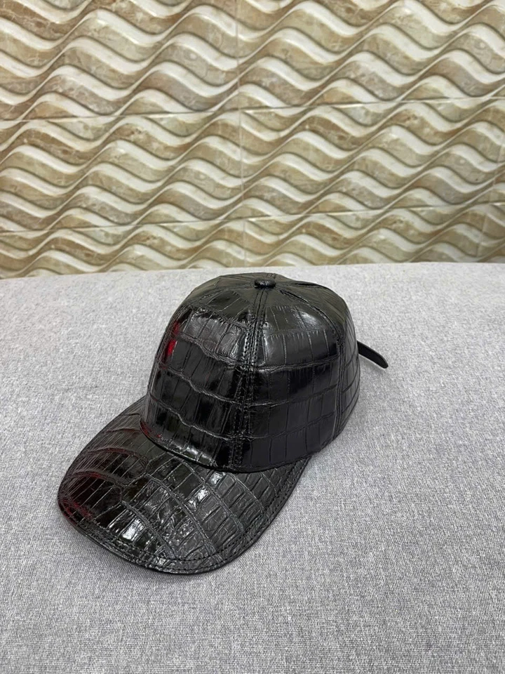 NEGRO 100% Real Genuino EXÓTICO Cuero Piel Hombres Sombrero Ajustable Gorra-Hecho a Mano Foto 3 de 4