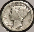 Silver Dime - Mercury - 1918-S (Worn.  Obv scratch.)