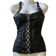 XTC Leather NY Black Cowhide Corset Top Buckle Front Lace Up Back Women M ExCnd