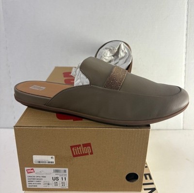 FitFlop Women's Gracie Minky Grey Opul-Trim Leather Mules Slip On Size 11M