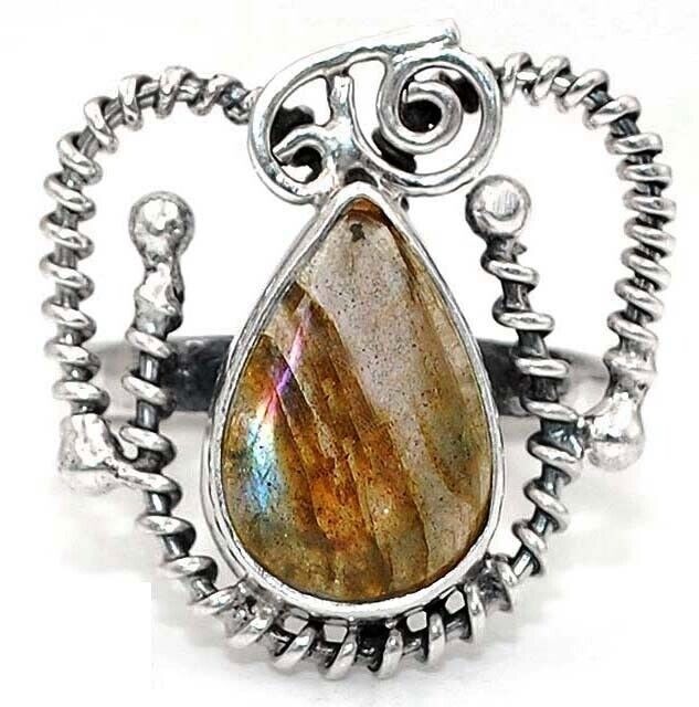 Natural Purple Fire Labradorite 925 Solid Sterling Silver Ring Sz 7.5 @9-4