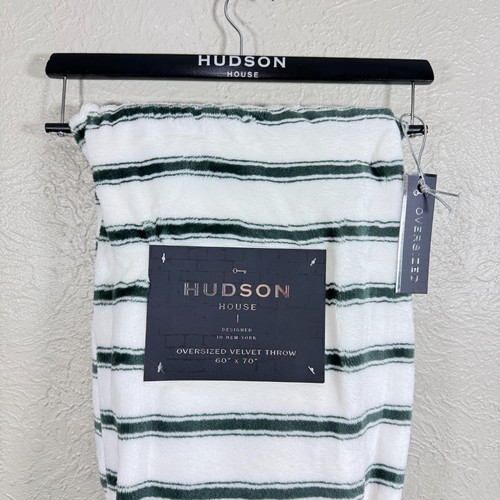 Hudson House Throw Blanket 60x70 Oversized Velvet Plush Green White Stripe New - Picture 2 of 9