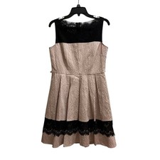 Just Taylor Fit Flare Dress Womens 10 Pink Black Jacquard Lace Trim Romantic