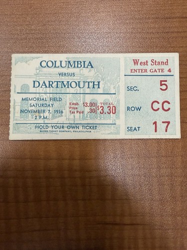 1936 Columbia vs Dartmouth Football Ticket Memorial Field Nov. 7 Vintage SS-063