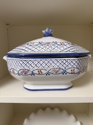 Hand-Painted Portuguese Faience Covered Serving Dish | Made in Portugal | Signed