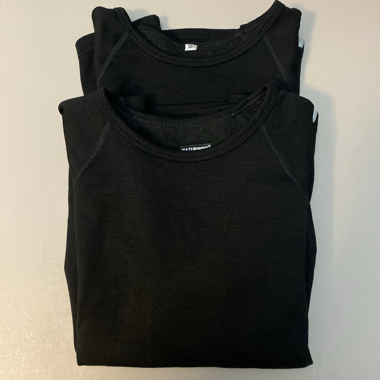 Lot Of 2! Naturwool Merino Wool Black Base Layer Shirts Kid 12 Very Nice! Soft