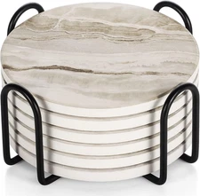 Coasters Set of 6, Coasters for Drinks Absorbent Stone with Holder, Black Marble